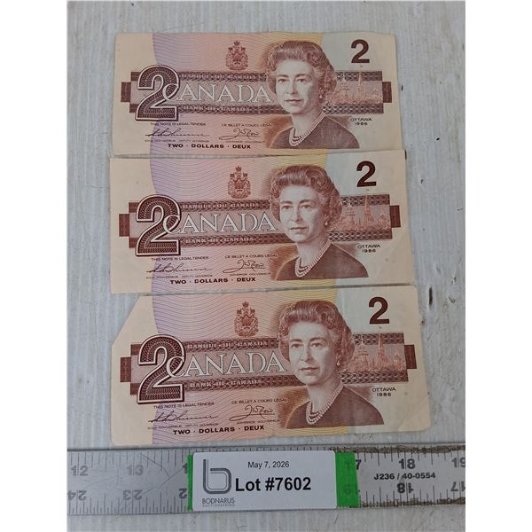 (3) Vintage 2 Dollar Canadian Bills- 1986