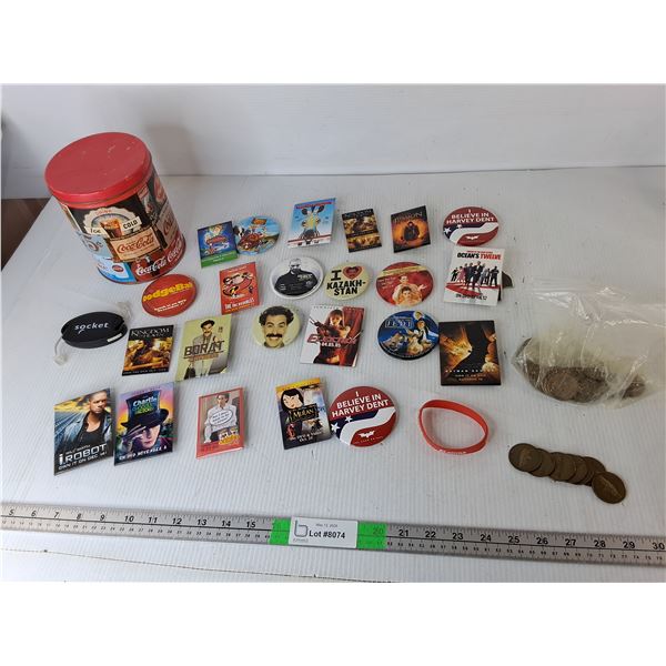 Coca-Cola Tin 6.25", Movie Buttons-Borat, Mulan, Peter Pan, Misc. & National Treasure Tokens