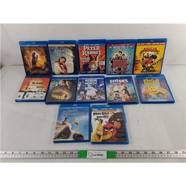 (12) Kids' Blu Rays- The Emoji Movie, Hugo, Peter Rabbit, Misc.