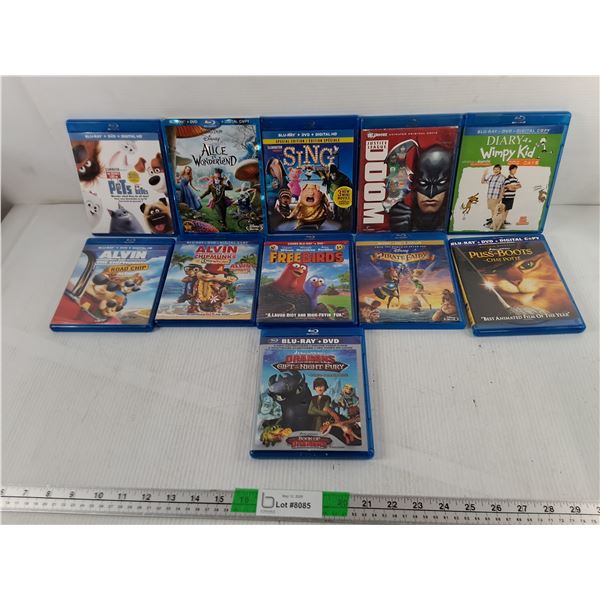 (11) Kids' Blu Rays- Puss in Boots, Sing, Pirate Fairy, Misc.