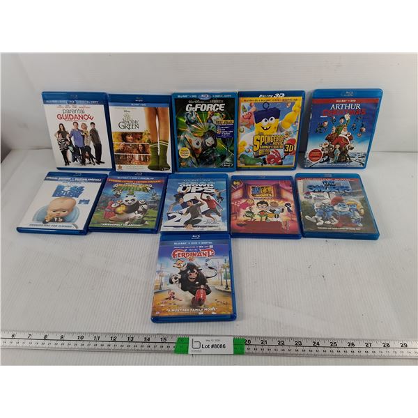 (11) Kids' Blu Rays- Grown Ups, The Smurfs, Ferdinand, Misc.
