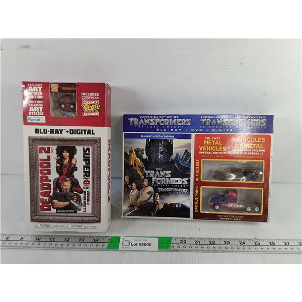 (2) Transformers Die Cast Vehicles & Deadpool DVD with Mini Funko Pop Figurine