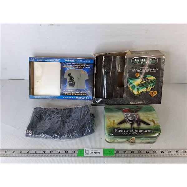 Pirates of the Caribbean Tin & Cowboys and Aliens Tshirt- Unknown Size, Sealed. No Movies