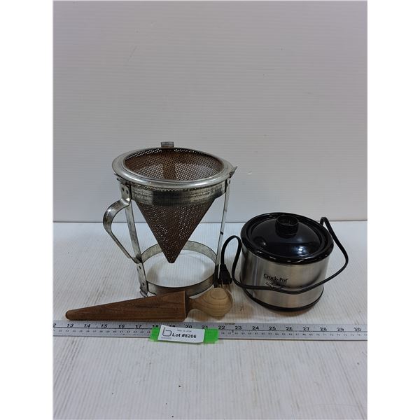 Vintage Metal Cone Sieve & wooden pestle, Crock Pot Lil Dipper - As Is