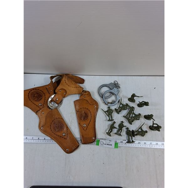 Vintage Leather Toy Holster, Metal Toy Handcuffs & (12)Plastic Army Men