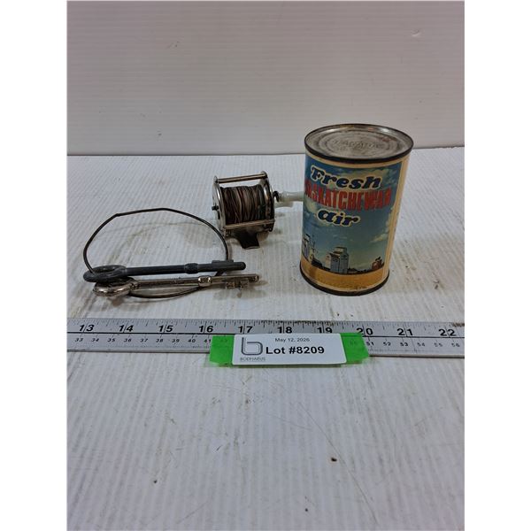Canned Sask Air, (2) Skeleton Keys & Fishing rod Reel with Line
