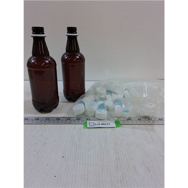 (39) Plastic Amber Bottles with (44) Caps - PICK UP