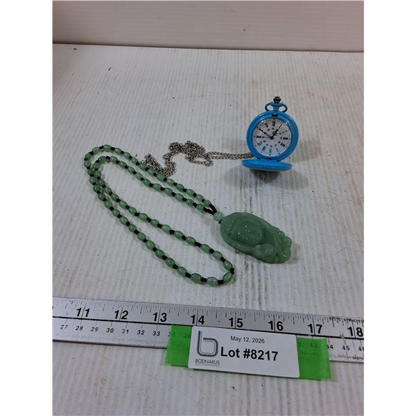Jade-like Pendant/Necklace (unauthenticated) & Blue Pocket Watch- works