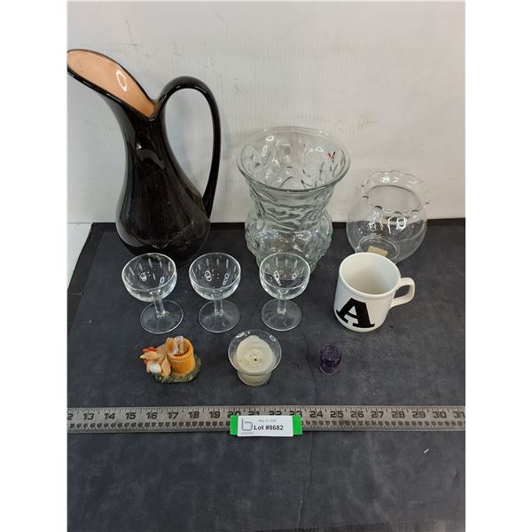 Ceramic Pitcher, Glass Vases, Liquer Glasses, "A" Mug, Misc - PICK UP ONLY