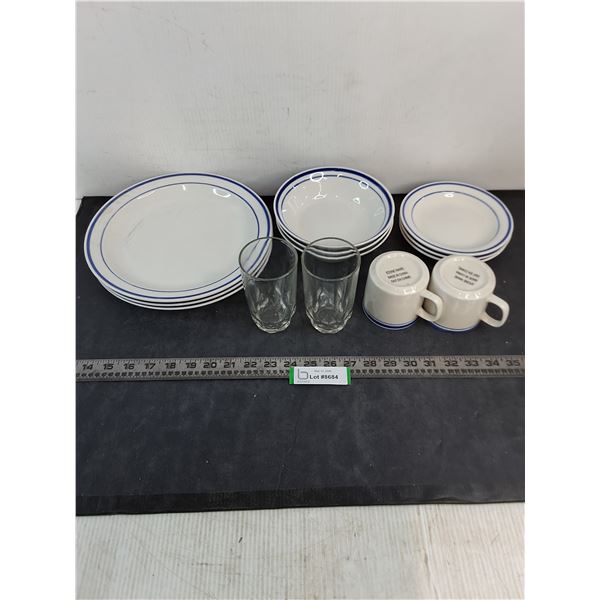 Set of Stoneware Dishes for 3, Coffee Mugs & Glasses