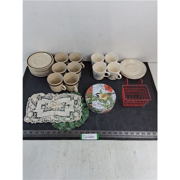 (2) Sets of Mugs & Saucers, Doilies, Tin, Wire Basket - PICK UP