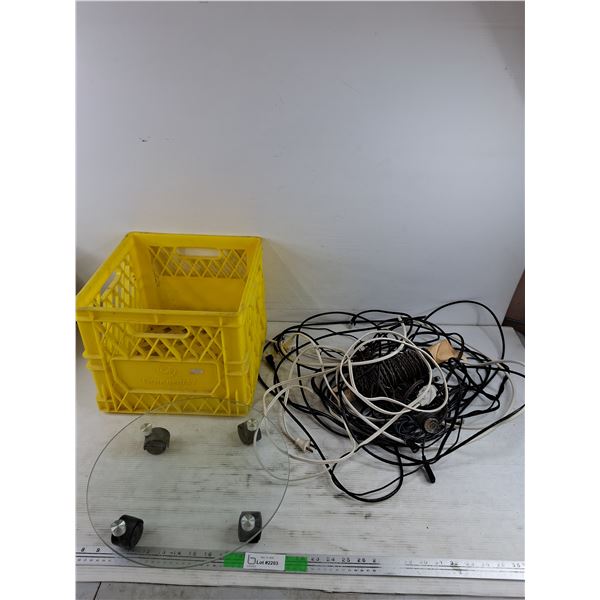 Rolling Glass Plant Stand, Milk Crate & Assorted Cords - PICK UP