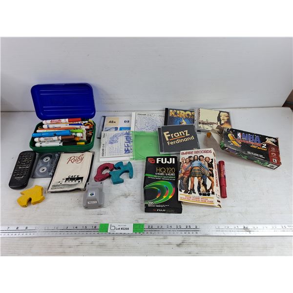 Assorted CDs & Cases, Markers, Hitachi Remote, Nintendo Rumble Pack, Misc