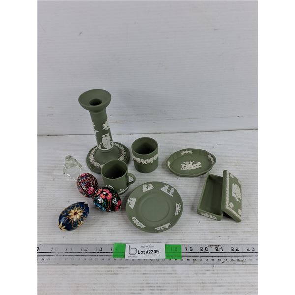 Wedgwood Ceramic Espresso Cups, Plates, Jewelry Box, Candle Stick Holder, Painted Eggs, Misc