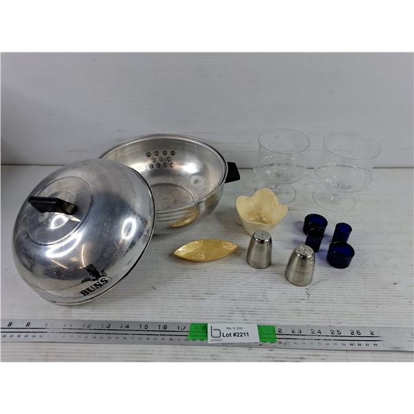 Bun Steamer, Glass Goblets, Cobalt Blue Glass Candle Stick Holders, Salt & Pepper Shakers, Misc