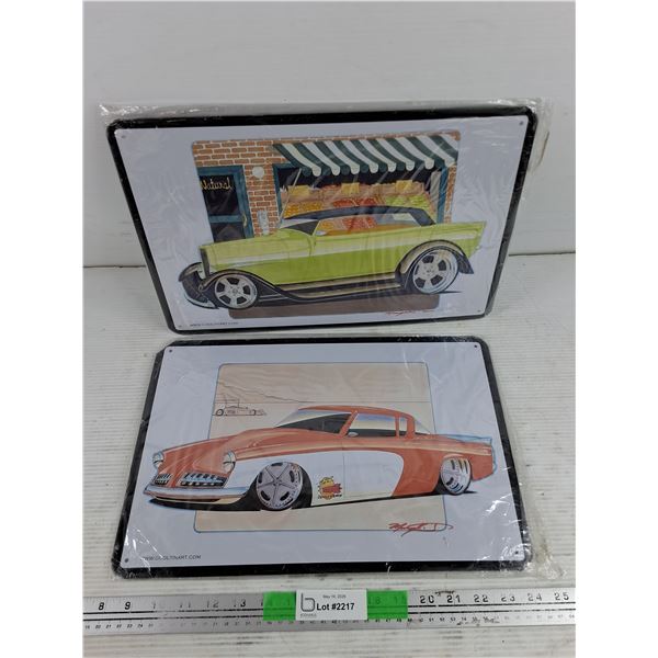 (2) Cooltinart Vintage Car Metal Signs 16" x 12"