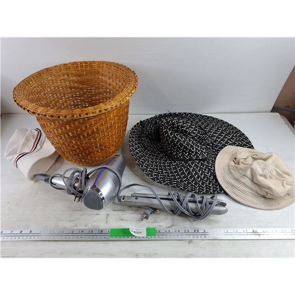 (3) Hats, John Frieda Hair Dryer & Hair Straightener, Wicker Planter - PICK UP