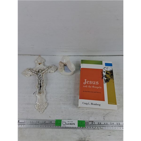 Wall Crucifix, Ceramic Vanity Ornament, Jesus & The Gospels Book
