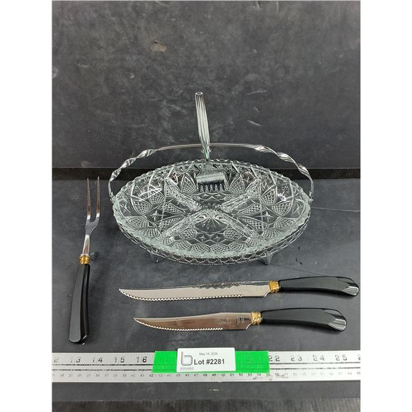 Divided Glass Serving Dish & BBQ Utensils