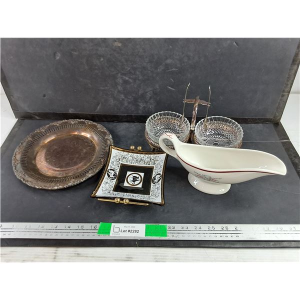 Silver Plate, Ceramic Gravy Boat, 2 Bowl Serving Dish, Square Glass Plate