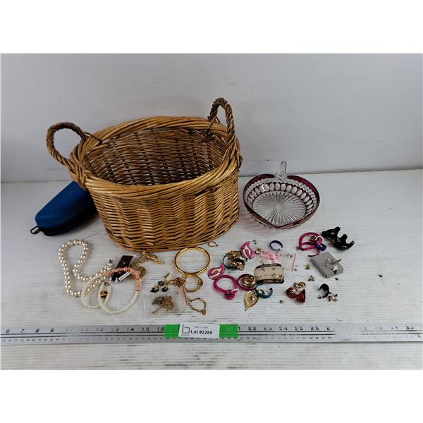 Wicker Basket, Assorted Costume Jewelry, Glass Bowl, Case for Glasses