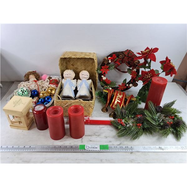 *Assorted Christmas Ornaments, Candles, Wreath, Angel Figures, Misc