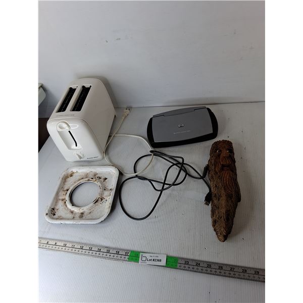 Proctor-Silex Toaster- Powers On, HP Photo Scanner 1000-Untested, Wood Carving 13", Misc.