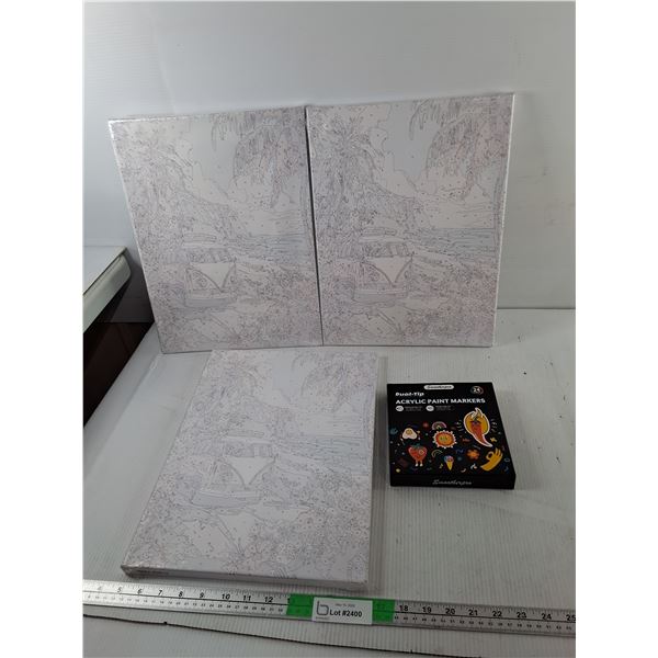 (3) Volkswagen Style Paint by Number Canvases Approx. 15.5" x 11.75" & Acrylic Paint Markers