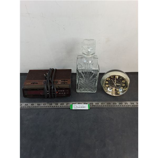 Lloyd's Digital Alarm Clock - Powers On, Westclox Alarm Clock, Glass Decanter