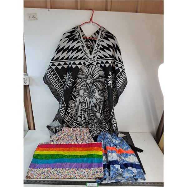 "Incan/Aztec Themed" Adult Size Poncho, (2) Ribbon Skirts (Rainbow 20W 34L, Blue 14W 20L)