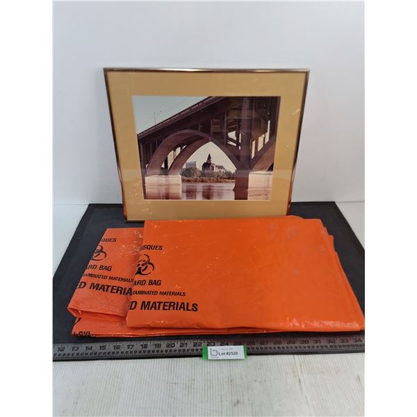 Framed Saskatoon Picture from 1986 by John Perret, Unused Biohazard Bags