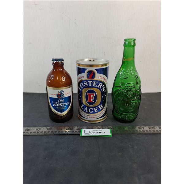 (3) Foreign Empty Beer Containers (OV, Foster's, Lucky Buddha)