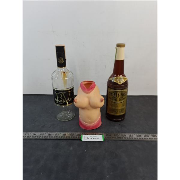 (2) Vintage Empty Liquor Bottles & Novelty 19+ Bottle Cozy