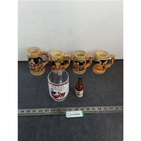 (4) German Themed Beer Steins, Comical Beer Mug, Small Bottle of Wheat