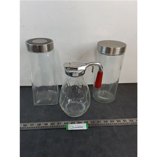 (2) Glass Dry Food Storage, Large Glass Syrup Dispenser -PICK UP