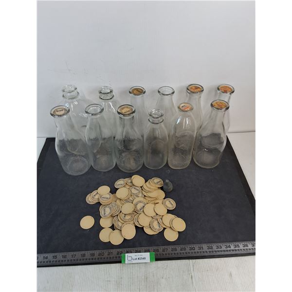 (12) Vintage Glass Milk Bottles & Bulk Bottle Tops - PICK UP