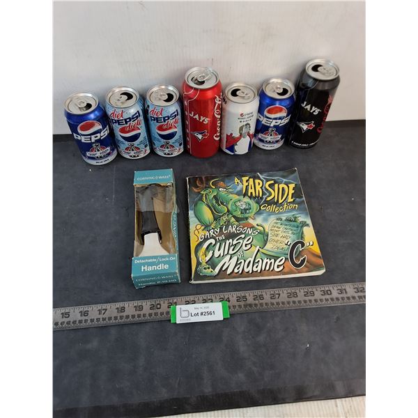 (7) Promotional Pop Cans, Corning Ware Lock-On Pan Handle, Far Side Comic Book