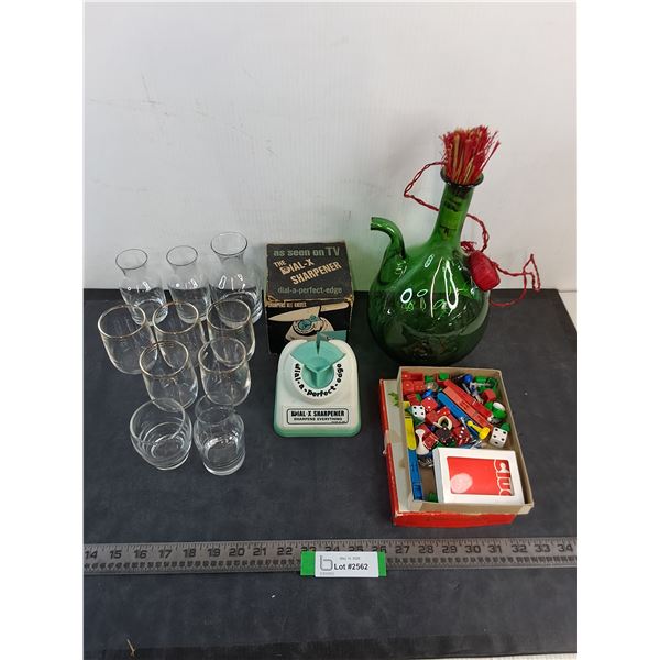 Wine Decanter, Dial-X Sharpener, Glass Tumblers & Pitchers, Vintage Board Game Pieces - PICK UP