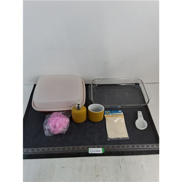 Pyrex Casserole Dish, Tupperware Container, Sealed Loofah, Bathroom Soap & Holder, Patches, Misc.