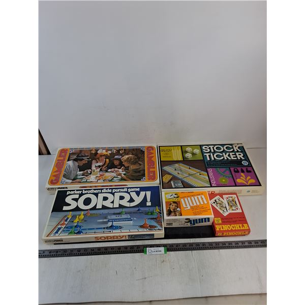 (5) Classic Board Games (Gambler, Sorry, Stock Ticker, Yum, Pinochle)