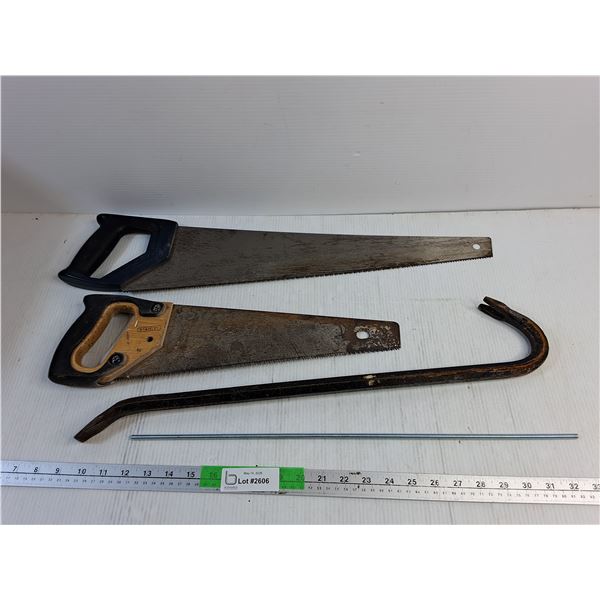 (2) Handsaws, Crowbar, Threaded Metal Rod - PICK UP ONLY