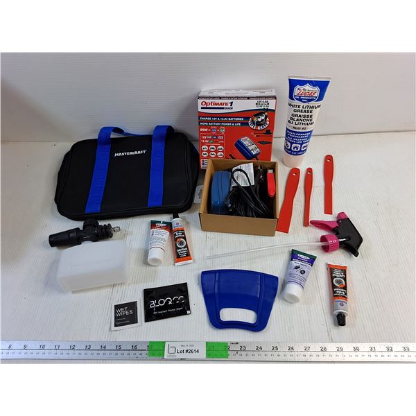 12V & 12.8V Battery Charger, White Lithium Grease, Anti Seize Lubricant, Putty Knives, Misc