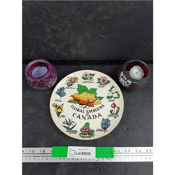 Floral Emblems of Canada Plate w/(2) Candle Holders
