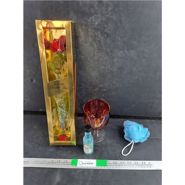 Exquisite Chocolate Rose in Crystal Vase, Goblet, Shower Gel & Sponge - PICK UP