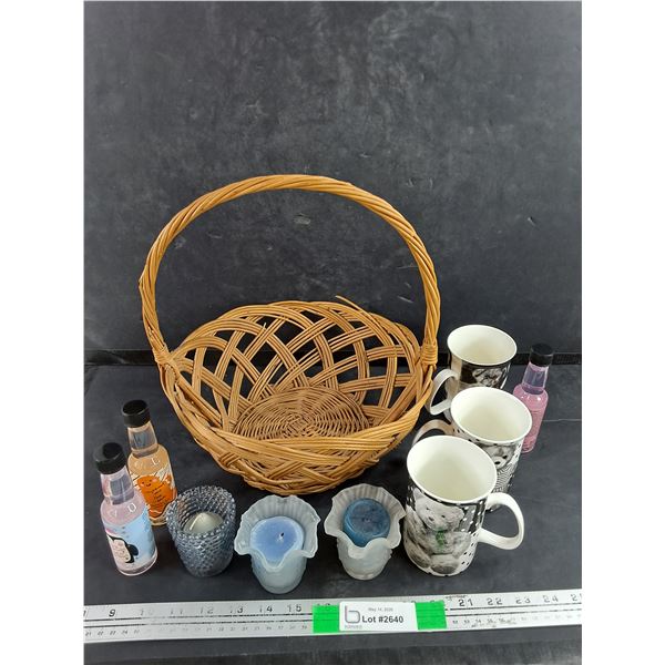 Straw Basket, (3) Teddy Bear Mugs, (3) Candles & Shower Gels - PICK UP ONLY