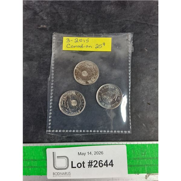 (3) 2015 Canadian 25 Cents Coins