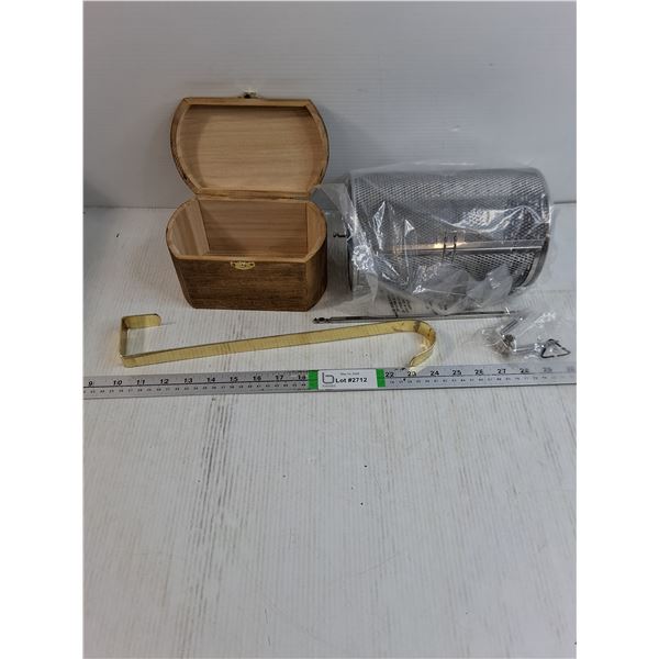 Stainless Steel Rotisserie Grill Basket,Over The Door Hanger and Small Wooden Storage Box