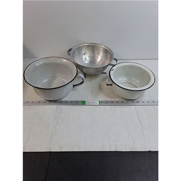 (2)  Enamelware Chamber Pots and Aluminum Strainer