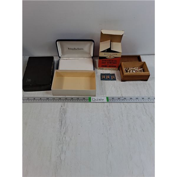 Hudson's Bay Jewelry Presentation Box,Box of bottle caps,Vintage Gillette Blades,Wooden Trinket Box