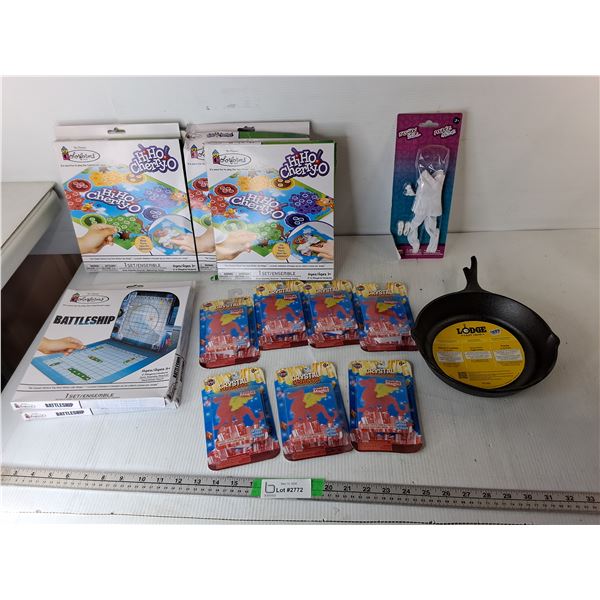 Travel Games- HiHo Cherry-O, Battleship, Crystal Growing Kits, Lodge Cast Iron Pan- Broken Handle